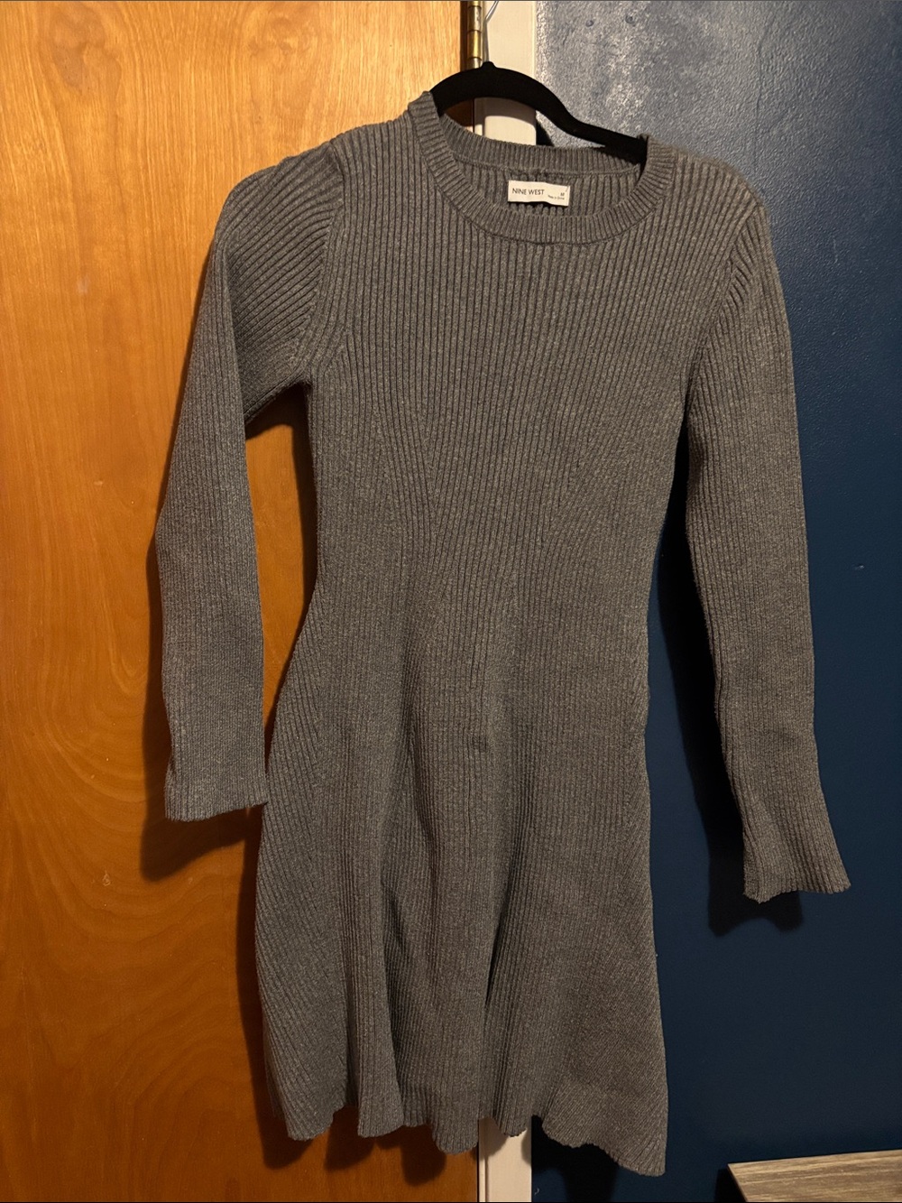 Nine West Gray Ribbed Knit Long-Sleeve Dress